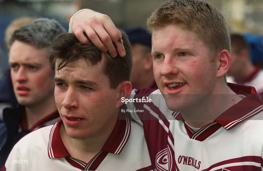 16 April 2001; Athenry players Pat Higgins, left and Diarmuid Burns celebrate after the AIB All-Ireland Senior Club Hurling Championship Final match between Athenry and Graigue Ballycallan at Croke Park in Dublin. Photo by Ray Lohan/Sportsfile