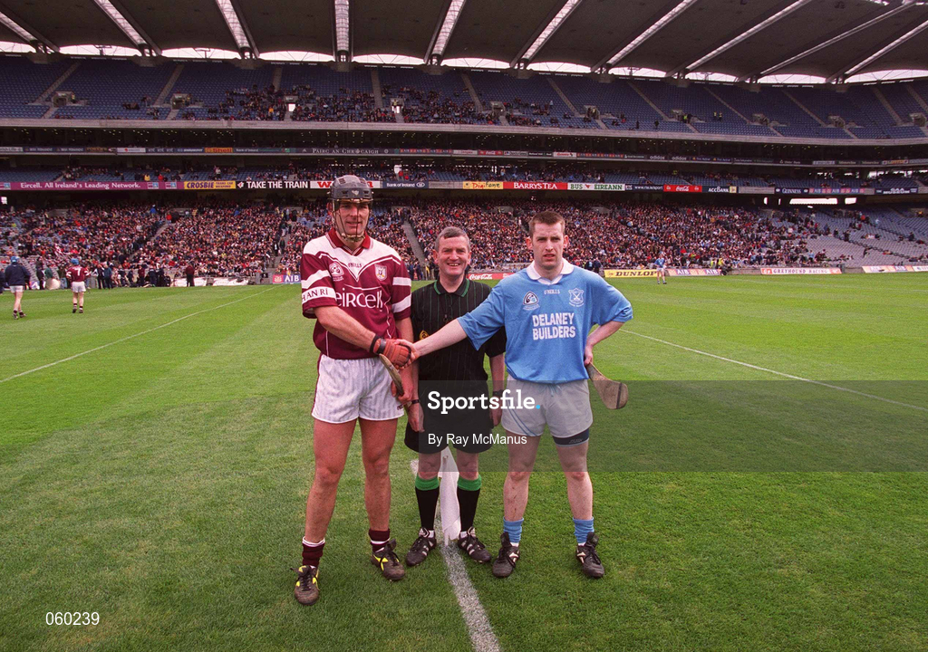 16 April 2001; Referee John McDonnell with team captains Joe Rabbitte of Athenry and James Young of Graigue Ballycallan before the AIB All-Ireland Senior Club Hurling Championship Final match between Athenry and Graigue Ballycallan at Croke Park in Dublin. Photo by Ray McManus/Sportsfile