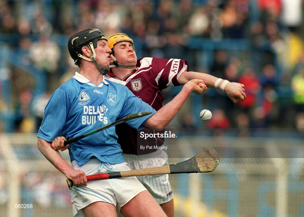 16 April 2001; Micheal Hoyne of Graigue Ballycallan in action against Brian Higgins of Athenry during the AIB All-Ireland Senior Club Hurling Championship Final match between Athenry and Graigue Ballycallan at Croke Park in Dublin. Photo by Pat Murphy/Sportsfile