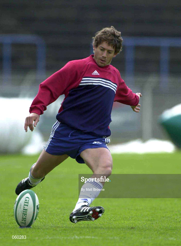 20 April 2001; Diego Dominguez practicing his place kicking during Stade Francais Rugby squad training at the Stadium Lille Metropole in Lille, France. Photo by Matt Browne/Sportsfile