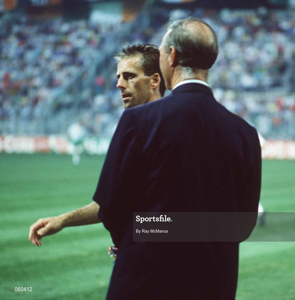 21 June 1990; Republic of Ireland manager Jack Charlton speaks to captain Mick McCarthy ahead of the FIFA World Cup 1990 Group F match between Republic of Ireland and Netherlands at Stadio La Favorita in Palermo, Italy. Photo by Ray McManus/Sportsfile