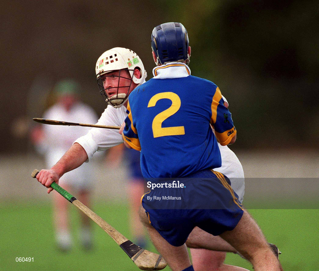15 April 2001; Cathal Sheridan of Kildare is tackled by Alan Lawlor of Wicklow during the Leinster Senior Hurling Championship First Preliminary Round match between Wicklow and Kildare at Pearse Park in Arklow, Wicklow. Photo by Ray McManus/Sportsfile