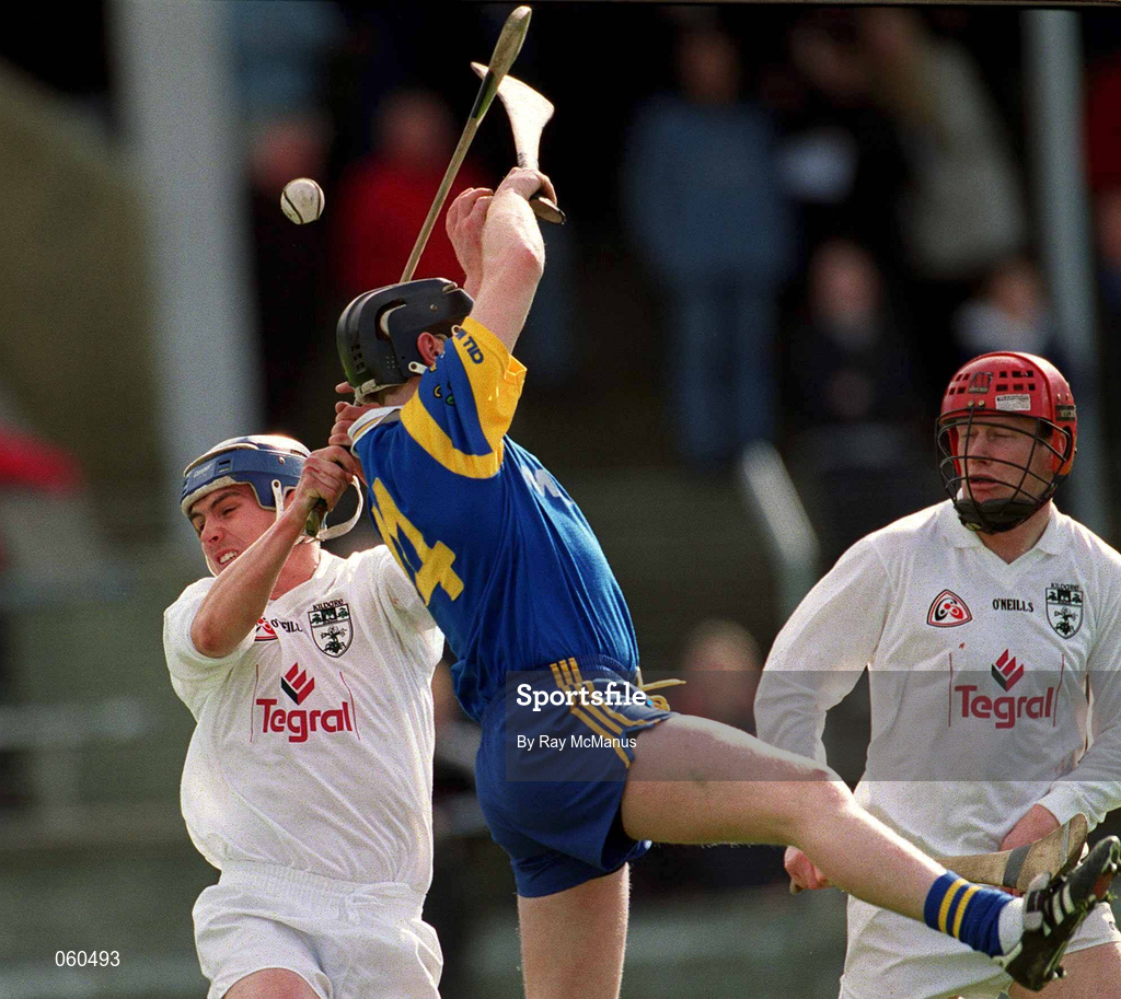 15 April 2001; Don Hyland of Wicklow in action against Stuart Gleeson of Kildare, left, during the Leinster Senior Hurling Championship First Preliminary Round match between Wicklow and Kildare at Pearse Park in Arklow, Wicklow. Photo by Ray McManus/Sportsfile
