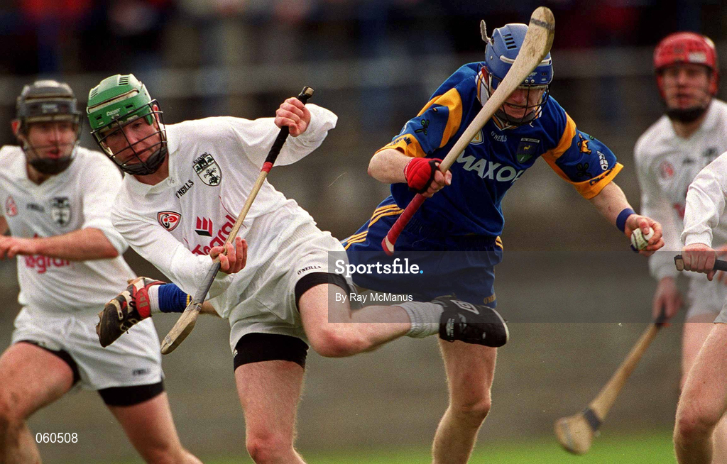 15 April 2001; Wayne O'Gorman of Wicklow is tackled by Richie Hoban of Kildare during the Leinster Senior Hurling Championship First Preliminary Round match between Wicklow and Kildare at Pearse Park in Arklow, Wicklow. Photo by Ray McManus/Sportsfile
