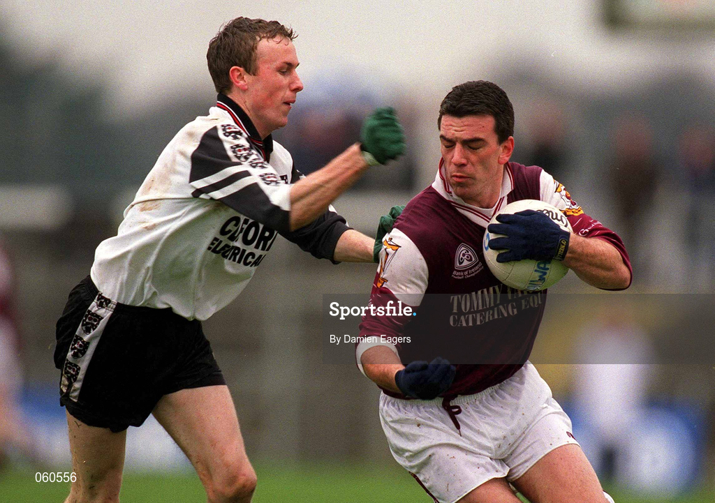 21 April 2001; Padraic Joyce of Galway is tackled by Sligo's Padraig Doohan of Sligo during the Allianz GAA National Football League Division 1 Semi-Final match between Galway and Sligo in Dr Hyde Park in Roscommon. Photo by Damien Eagers/Sportsfile