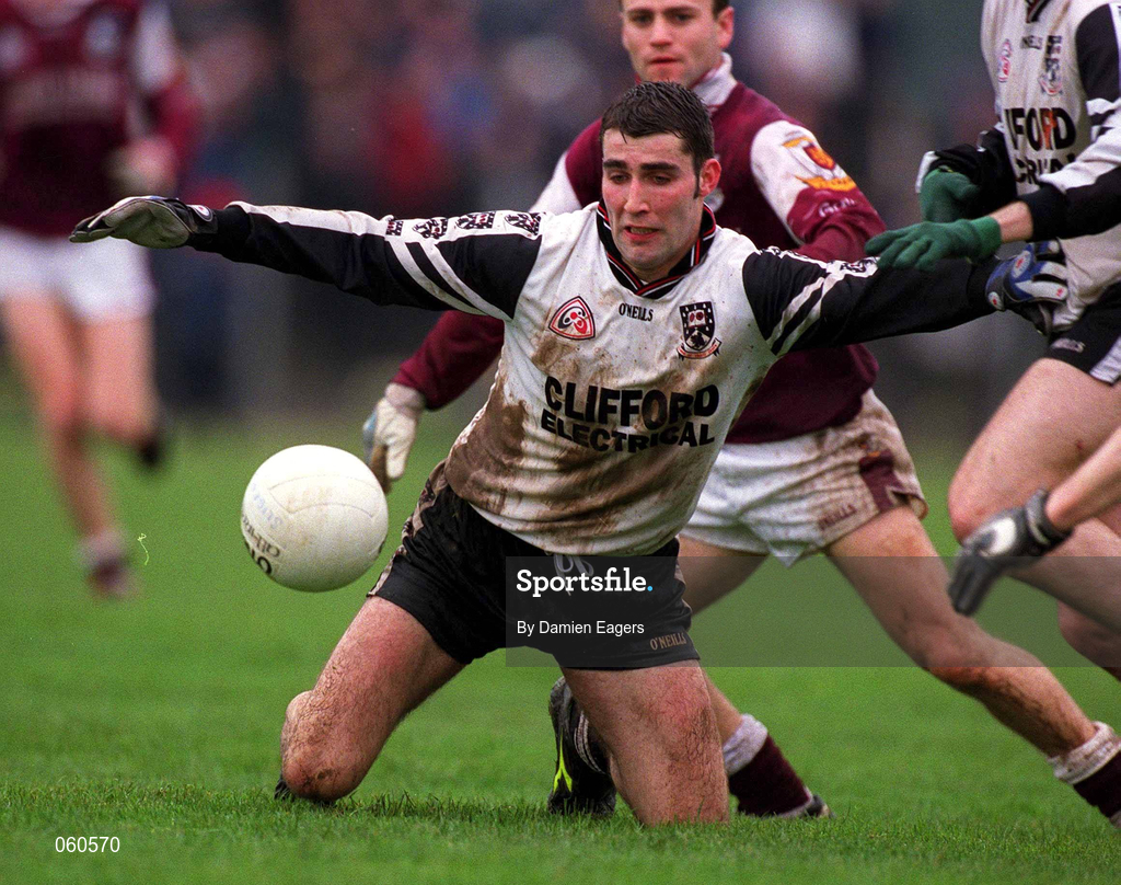 21 April 2001; Brendan Phillips of Sligo in action against Derek Savage of Galway during the Allianz GAA National Football League Division 1 Semi-Final match between Galway and Sligo in Dr Hyde Park in Roscommon. Photo by Damien Eagers/Sportsfile