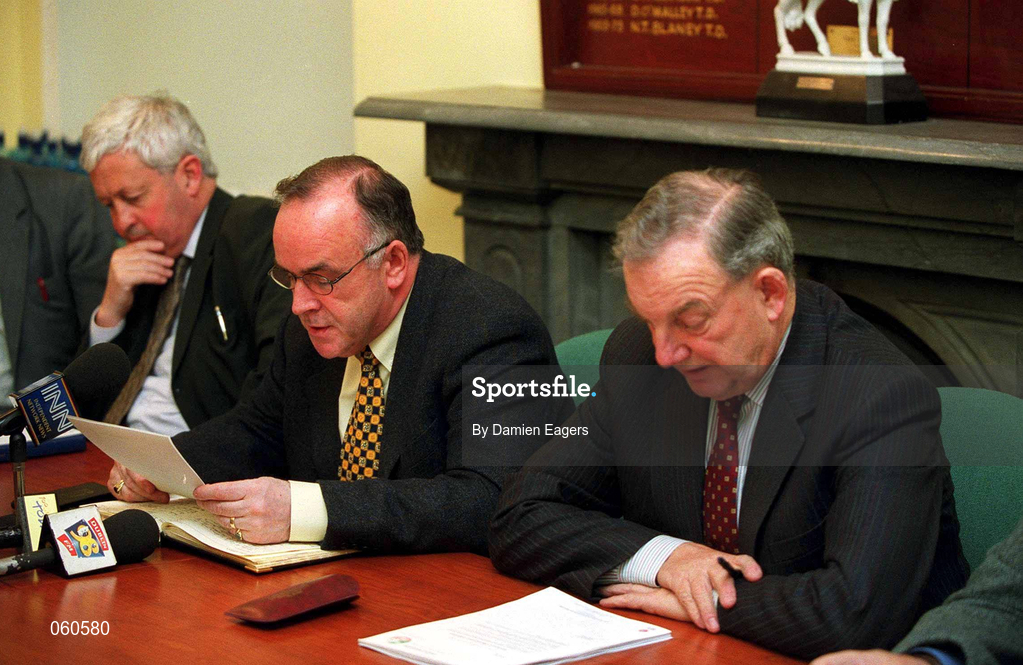 23 April 2001; Football Association of Ireland President Pat Quigley, centre, accompanied by FAI Treasurer, Brendan Menton, left, and Chairman of the National League Michael Hyland, reads a statement at a press conference after the FAI Board of Management meeting at the FAI Offices in Merrion Square, Dublin. Photo by Damien Eagers/Sportsfile
