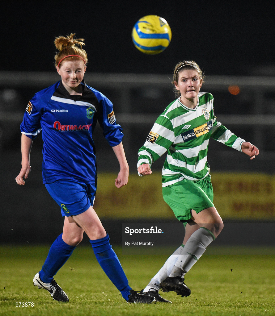 14 March 2015; Yvonne Hedien of Castlebar Celtic in action against Hayley Nolan of Peamount United during the Continental Tyres Women's National League match between Castlebar Celtic and Peamount United at Celtic Park in Castlebar, Mayo. Photo by Pat Murphy/Sportsfile