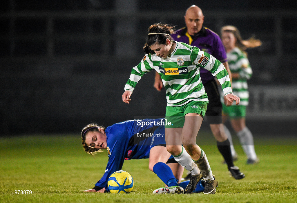 14 March 2015; Rachel Kearns of Castlebar Celtic in action against Jessica Gargan of Peamount United during the Continental Tyres Women's National League match between Castlebar Celtic and Peamount United at Celtic Park in Castlebar, Mayo. Photo by Pat Murphy/Sportsfile