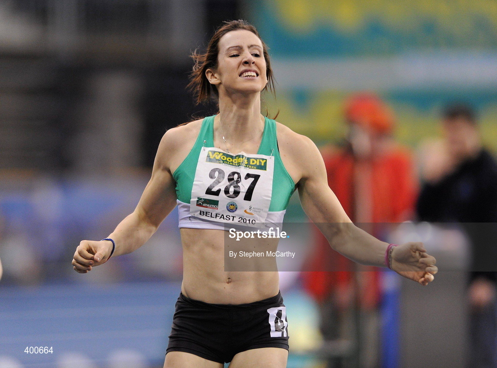 6 February 2010; Jo Patterson, Ballymena & Antrim A.C., wins the Senior Women's 400m Final during the second day of the Woodie’s DIY Senior Indoor Championships. Odyssey Arena, Belfast, Co. Antrim. Picture credit: Stephen McCarthy / SPORTSFILE