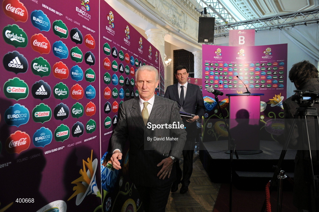 7 February 2010; Republic of Ireland manager Giovanni Trapattoni at the mixed zone after the UEFA European Championship Qualifying Draw. Warsaw's Palace of Culture and Science, Warsaw, Poland. Picture credit: David Maher / SPORTSFILE