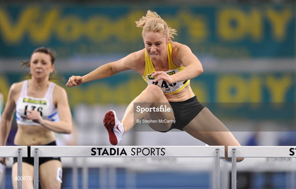 6 February 2010; Derval O'Rourke, Leevale A.C., on her way to winning the Senior Women's 60m Hurdles Final in a time of 8.18 during the second day of the Woodie’s DIY Senior Indoor Championships. Odyssey Arena, Belfast, Co. Antrim. Picture credit: Stephen McCarthy / SPORTSFILE