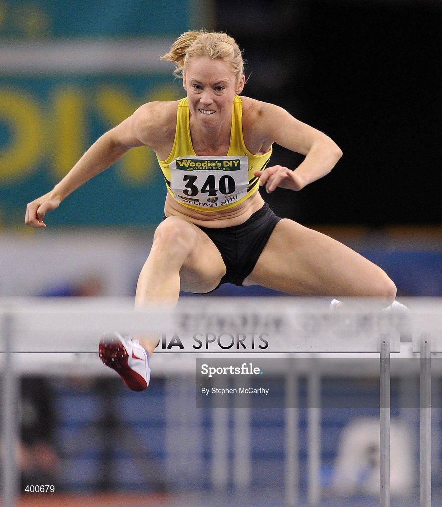 6 February 2010; Derval O'Rourke, Leevale A.C., on her way to winning the Senior Women's 60m Hurdles Final in a time of 8.18 during the second day of the Woodie’s DIY Senior Indoor Championships. Odyssey Arena, Belfast, Co. Antrim. Picture credit: Stephen McCarthy / SPORTSFILE