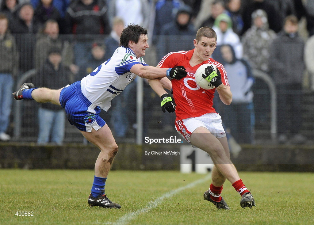 7 February 2010; Daniel Goulding, Cork, in action against Gary McQuiad, Monaghan. Allianz GAA Football National League, Division 1, Round 1, Monaghan v Cork. St Mary's Park, Scotstown, Monaghan. Picture credit: Oliver McVeigh / SPORTSFILE