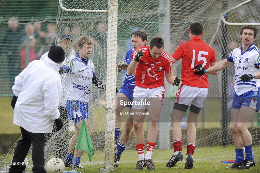 7 February 2010; Paul Kerrigan, Cork, celebrates after punching the ball to the net for his side's first goal. Allianz GAA Football National League, Division 1, Round 1, Monaghan v Cork. St Mary's Park, Scotstown, Monaghan. Picture credit: Oliver McVeigh / SPORTSFILE