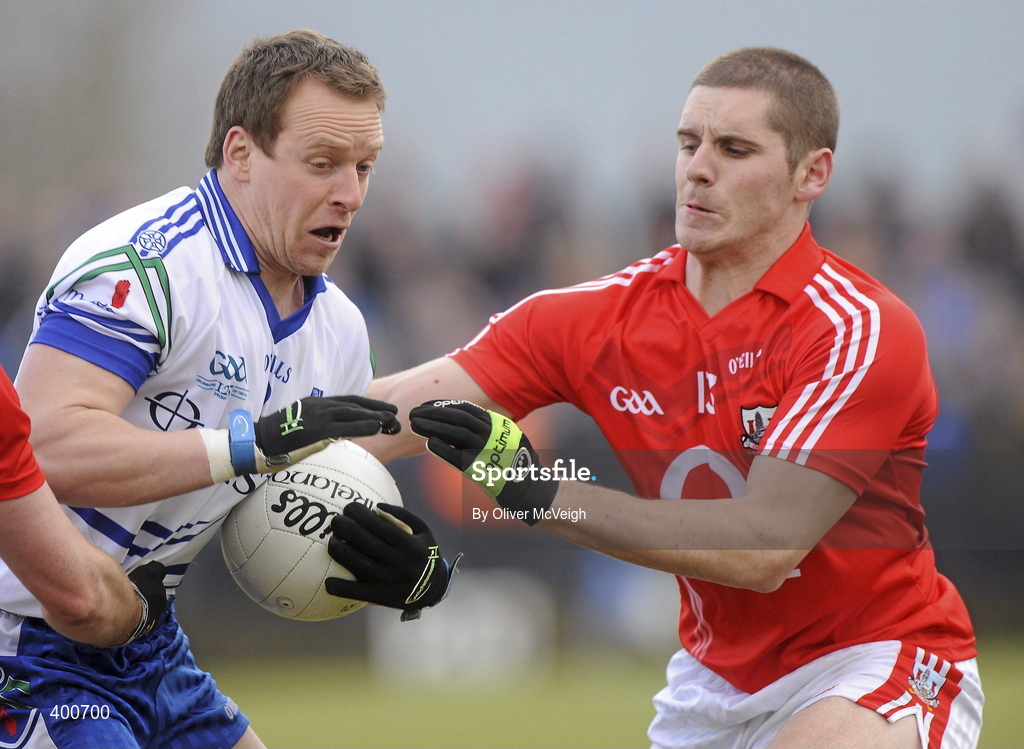 7 February 2010; Dermot McArdle, Monaghan, in action against Daniel Goulding, Cork. Allianz GAA Football National League, Division 1, Round 1, Monaghan v Cork. St Mary's Park, Scotstown, Monaghan. Picture credit: Oliver McVeigh / SPORTSFILE