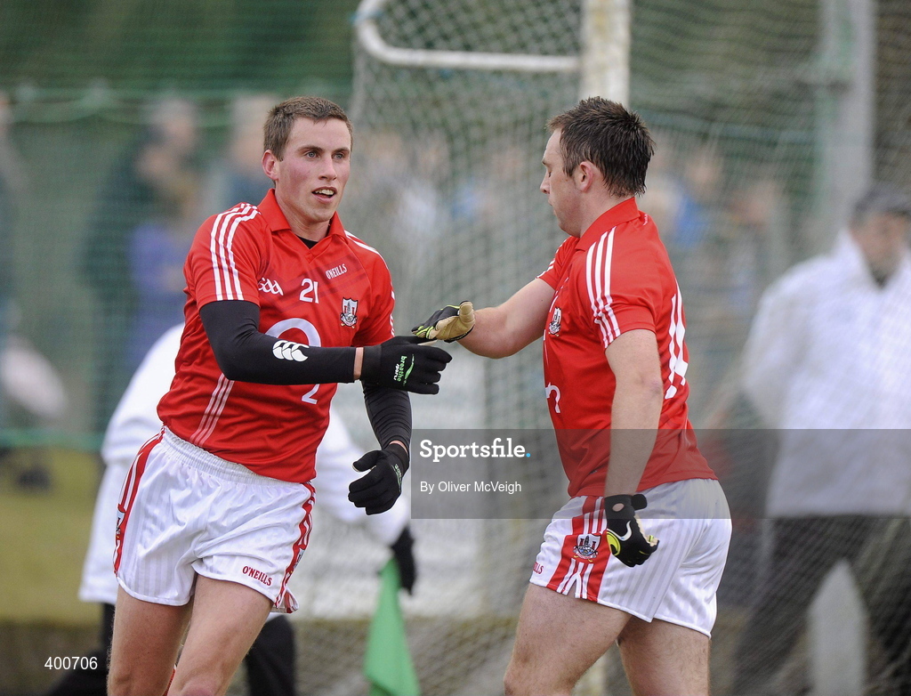 7 February 2010; Patrick Kelly, left, Cork, celebrates with Paul Kerrigan after scoring his side's second goal. Allianz GAA Football National League, Division 1, Round 1, Monaghan v Cork. St Mary's Park, Scotstown, Monaghan. Picture credit: Oliver McVeigh / SPORTSFILE