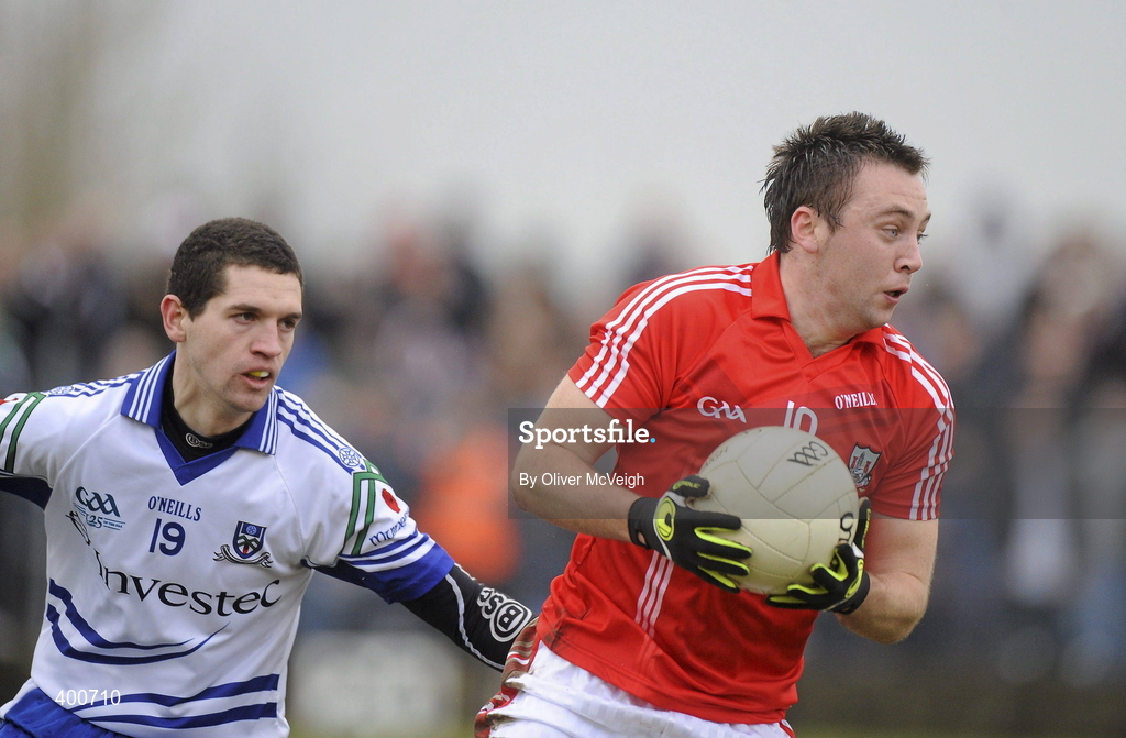 7 February 2010; Paul Kerrigan, Cork, in action against Colm Greenan, Monaghan. Allianz GAA Football National League, Division 1, Round 1, Monaghan v Cork. St Mary's Park, Scotstown, Monaghan. Picture credit: Oliver McVeigh / SPORTSFILE