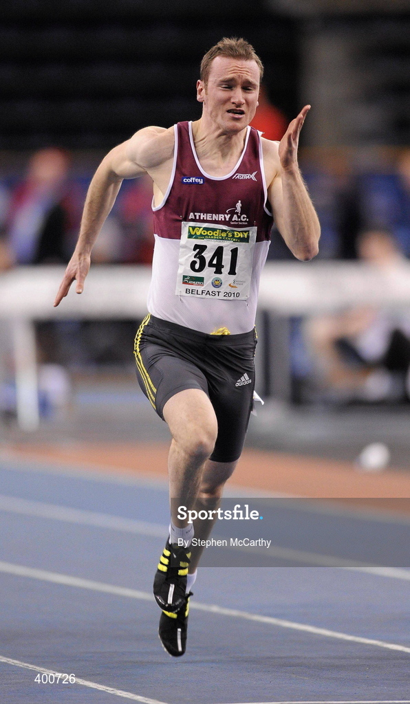 6 February 2010; Paul Hession, Athenry A.C., on his way to winning the Final of the Senior Men's 60m during the second day of the Woodie’s DIY Senior Indoor Championships. Odyssey Arena, Belfast, Co. Antrim. Picture credit: Stephen McCarthy / SPORTSFILE