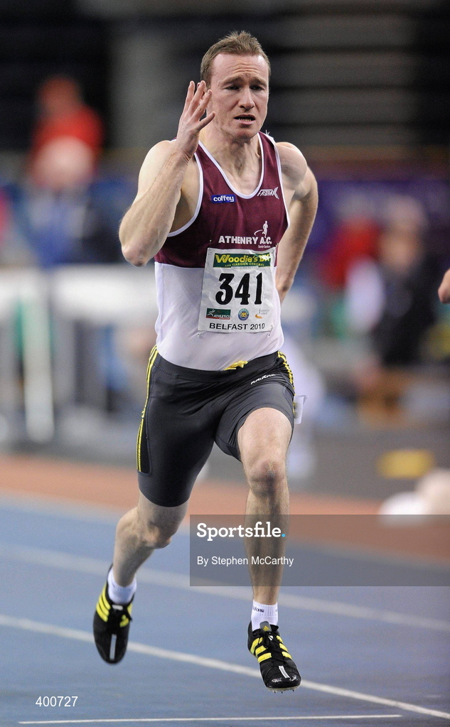 6 February 2010; Paul Hession, Athenry A.C., on his way to winning the Final of the Senior Men's 60m during the second day of the Woodie’s DIY Senior Indoor Championships. Odyssey Arena, Belfast, Co. Antrim. Picture credit: Stephen McCarthy / SPORTSFILE