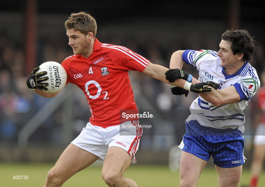 7 February 2010; Eoin Cadogann, Cork, in action against Gary McQuaid, Monaghan. Allianz GAA Football National League, Division 1, Round 1, Monaghan v Cork. St Mary's Park, Scotstown, Monaghan. Picture credit: Oliver McVeigh / SPORTSFILE