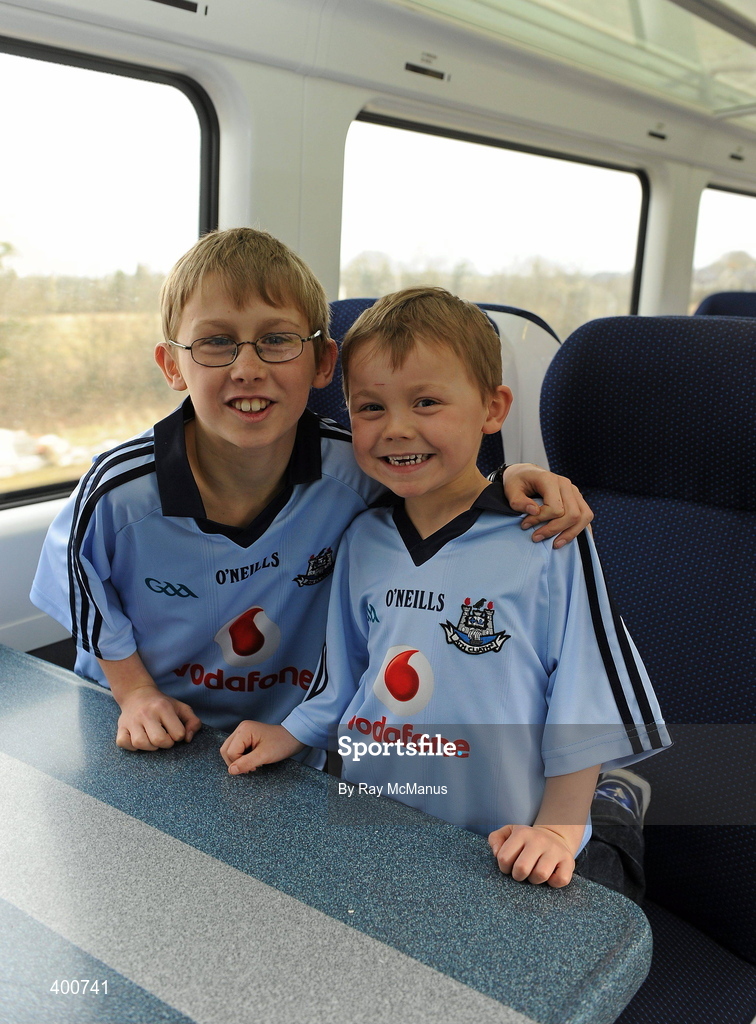 7 February 2010; Dublin supporters Adam Tyrrell, ten years, and his brother Sean, five years, from Ashbourne, Co Meath, on train to the game. Allianz GAA Football National League, Division 1, Round 1, Kerry v Dublin. Fitzgerald Stadium, Killarney. Picture credit: Ray McManus / SPORTSFILE