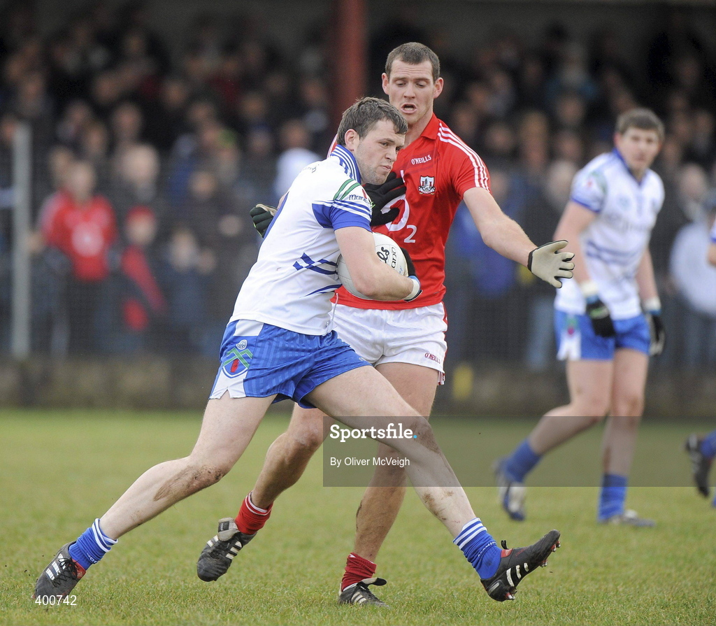 7 February 2010; Francis Caulfield, Monaghan, in action against Pearse O'Neill, Cork. Allianz GAA Football National League, Division 1, Round 1, Monaghan v Cork. St Mary's Park, Scotstown, Monaghan. Picture credit: Oliver McVeigh / SPORTSFILE