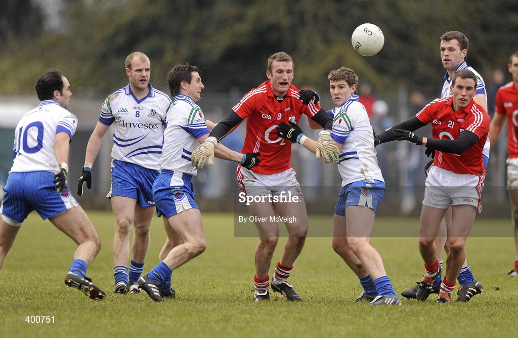 7 February 2010; Nicholas Murphy, Cork, in action against Darren Hughes and Gary McQuaid, Monaghan. Allianz GAA Football National League, Division 1, Round 1, Monaghan v Cork. St Mary's Park, Scotstown, Monaghan. Picture credit: Oliver McVeigh / SPORTSFILE