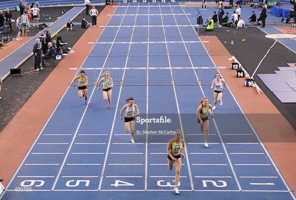 6 February 2010; Derval O'Rourke, Leevale A.C., crosses the line to win the Senior Women's 60m Hurdle Final during the second day of the Woodie’s DIY Senior Indoor Championships. Odyssey Arena, Belfast, Co. Antrim. Picture credit: Stephen McCarthy / SPORTSFILE