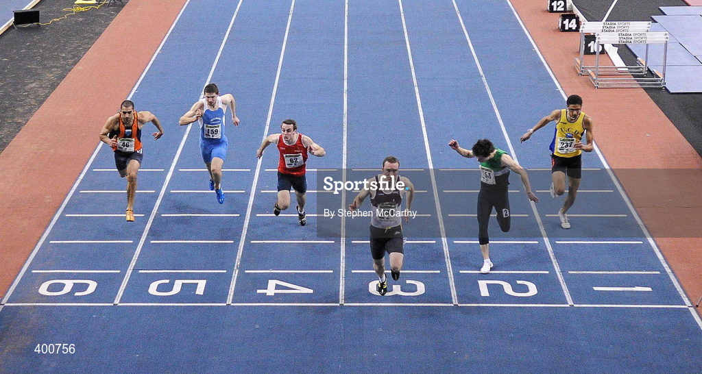 6 February 2010; Paul Hession, Athenry A.C., crosses the line to win the Senior Men's 6om Final during the second day of the Woodie’s DIY Senior Indoor Championships. Odyssey Arena, Belfast, Co. Antrim. Picture credit: Stephen McCarthy / SPORTSFILE