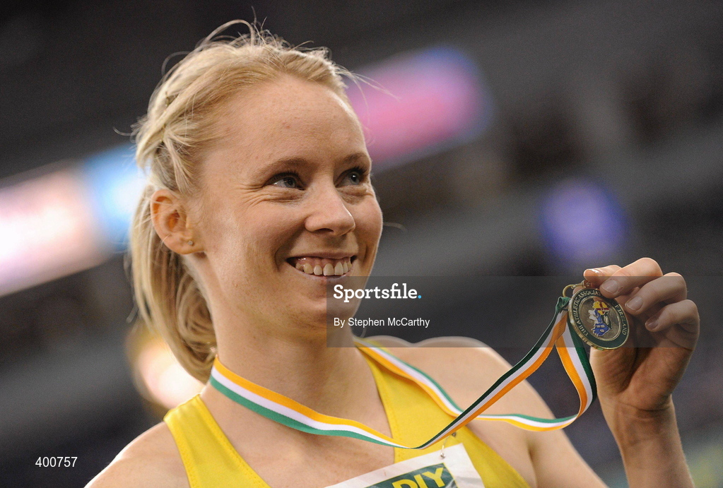 6 February 2010; Derval O'Rourke, Leevale A.C., after winning the Senior Women's 60m Hurdles Final in a time of 8.18 during the second day of the Woodie’s DIY Senior Indoor Championships. Odyssey Arena, Belfast, Co. Antrim. Picture credit: Stephen McCarthy / SPORTSFILE