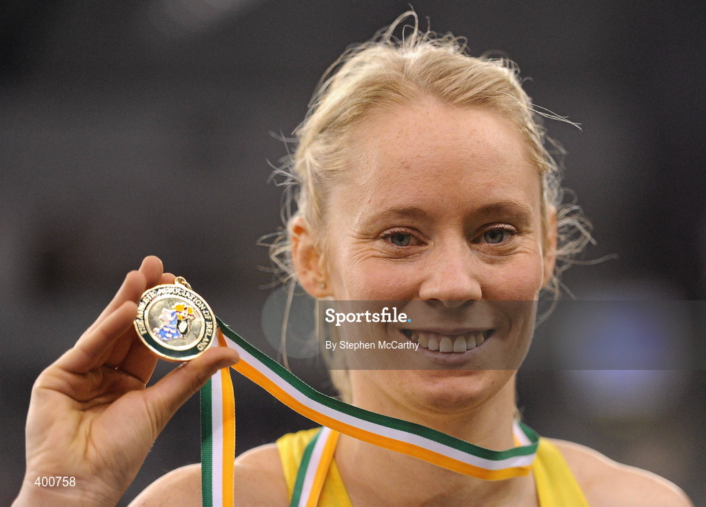 6 February 2010; Derval O'Rourke, Leevale A.C., after winning the Senior Women's 60m Hurdles Final in a time of 8.18 during the second day of the Woodie’s DIY Senior Indoor Championships. Odyssey Arena, Belfast, Co. Antrim. Picture credit: Stephen McCarthy / SPORTSFILE