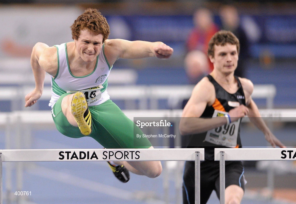 6 February 2010; Ciaran O'Cathain, Raheny Shamrock A.C.,on his way to winning the Senior Men's 60m Hurdle Final during the second day of the Woodies DIY Senior Indoor Championships. Odyssey Arena, Belfast, Co. Antrim. Picture credit: Stephen McCarthy / SPORTSFILE
