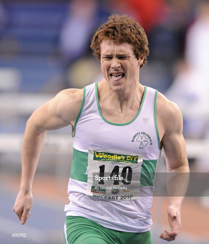 6 February 2010; Ciaran O'Cathain, Raheny Shamrock A.C., in pain after picking up an injury crossing the final hurdle on his way to winning the Senior Men's 60m Hurdle Final during the second day of the Woodie’s DIY Senior Indoor Championships. Odyssey Arena, Belfast, Co. Antrim. Picture credit: Stephen McCarthy / SPORTSFILE