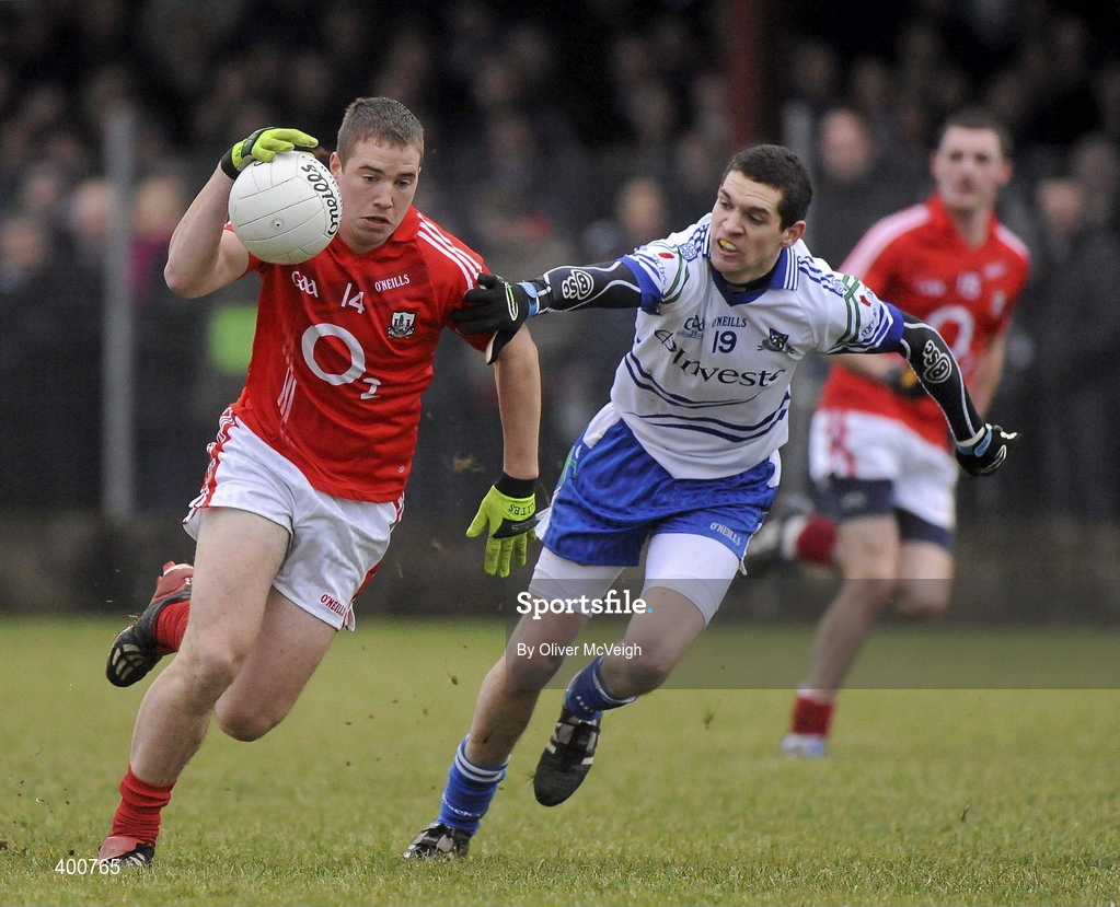 7 February 2010; Colm O'Neill, Cork, in action against Colm Greenan, Monaghan. Allianz GAA Football National League, Division 1, Round 1, Monaghan v Cork. St Mary's Park, Scotstown, Monaghan. Picture credit: Oliver McVeigh / SPORTSFILE