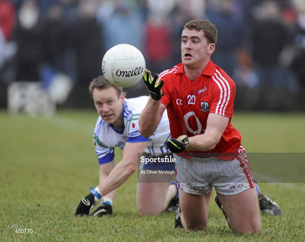 7 February 2010; Fintan Gould, Cork, in action against Gary McQuaid, Monaghan. Allianz GAA Football National League, Division 1, Round 1, Monaghan v Cork. St Mary's Park, Scotstown, Monaghan. Picture credit: Oliver McVeigh / SPORTSFILE