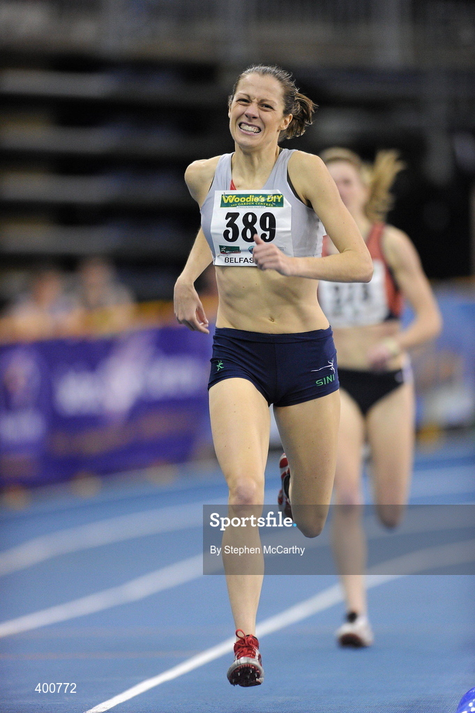 6 February 2010; Kelly McNeice, City of Lisburn, on her way to winning the Senior Women's 1500m Final during the second day of the Woodie’s DIY Senior Indoor Championships. Odyssey Arena, Belfast, Co. Antrim. Picture credit: Stephen McCarthy / SPORTSFILE
