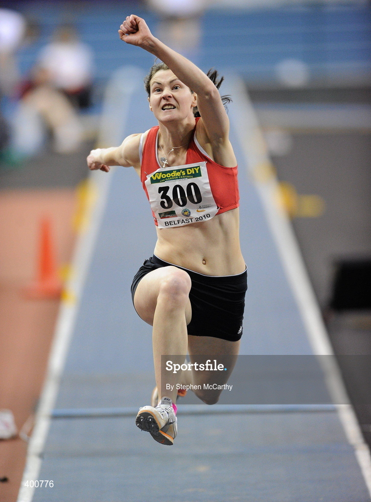 6 February 2010; Mary McLoone, Tir Chonaill A.C., in action during the Senior Women's Triple Jump during the second day of the Woodie’s DIY Senior Indoor Championships. Odyssey Arena, Belfast, Co. Antrim. Picture credit: Stephen McCarthy / SPORTSFILE