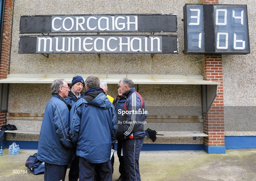 7 February 2010; Cork manager Conor Counihan, second from left, has a discussion with his management team during half time. Allianz GAA Football National League, Division 1, Round 1, Monaghan v Cork. St Mary's Park, Scotstown, Monaghan. Picture credit: Oliver McVeigh / SPORTSFILE