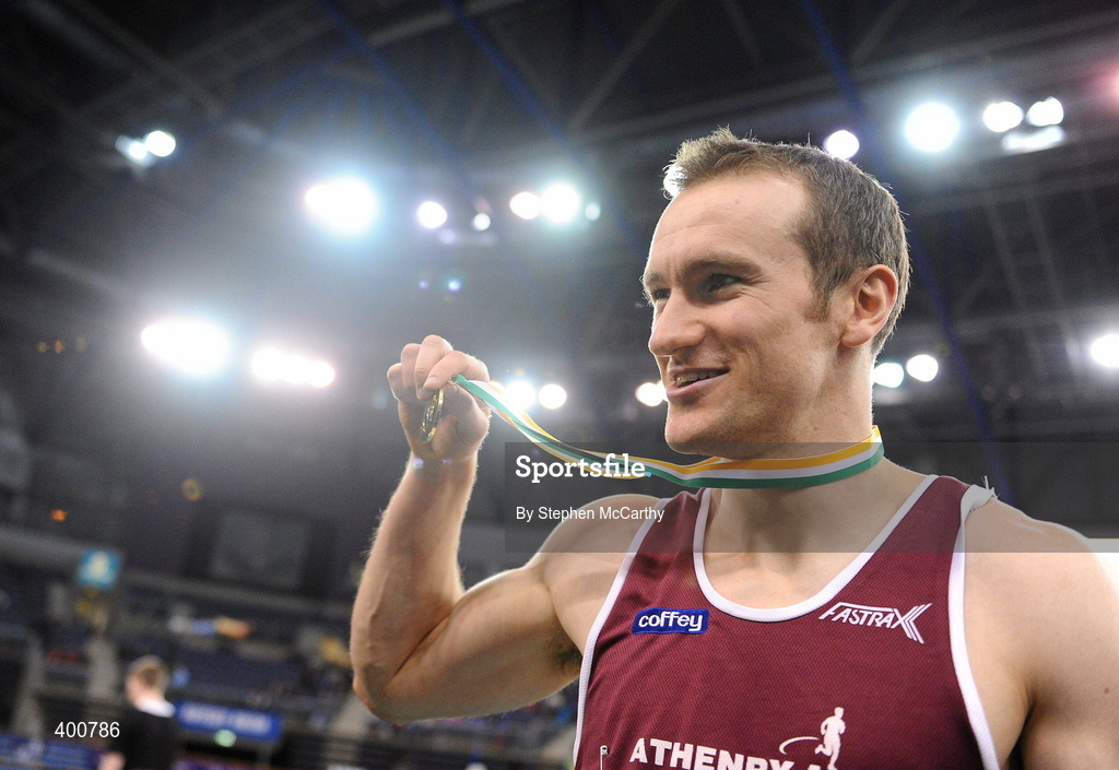 6 February 2010; Paul Hession, Athenry A.C., after winning the Senior Men's 60m Final during the second day of the Woodie’s DIY Senior Indoor Championships. Odyssey Arena, Belfast, Co. Antrim. Picture credit: Stephen McCarthy / SPORTSFILE