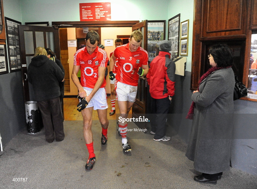 7 February 2010; Paul O'Flynn, left, and Michael Shields, Cork, leave the changing room for the second half. Allianz GAA Football National League, Division 1, Round 1, Monaghan v Cork. St Mary's Park, Scotstown, Monaghan. Picture credit: Oliver McVeigh / SPORTSFILE