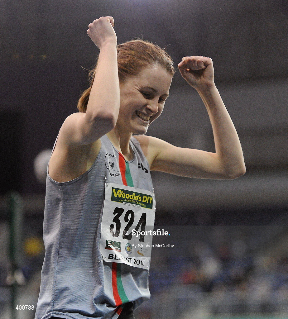 6 February 2010; Ciara Mageean, City of Lisburn, after winning the Senior Women's 800m Final during the second day of the Woodie’s DIY Senior Indoor Championships. Odyssey Arena, Belfast, Co. Antrim. Picture credit: Stephen McCarthy / SPORTSFILE