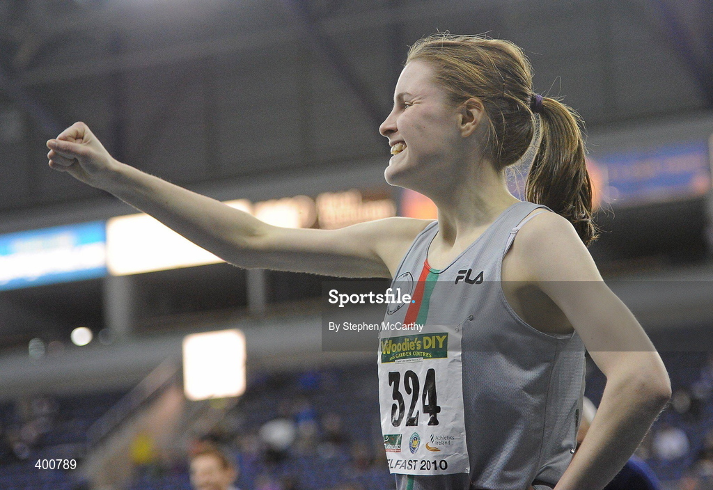 6 February 2010; Ciara Mageean, City of Lisburn, after winning the Senior Women's 800m Final during the second day of the Woodie’s DIY Senior Indoor Championships. Odyssey Arena, Belfast, Co. Antrim. Picture credit: Stephen McCarthy / SPORTSFILE