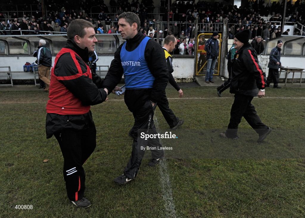 7 February 2010; Down manager James McCartan shakes hands with Kildare manager Kieran McGeeney after defeating McGeeney's Kildare. Allianz GAA Football National League, Division 2, Round 1, Kildare v Down. St Conleth's Park, Newbridge, Co. Kildare. Picture credit: Brian Lawless / SPORTSFILE