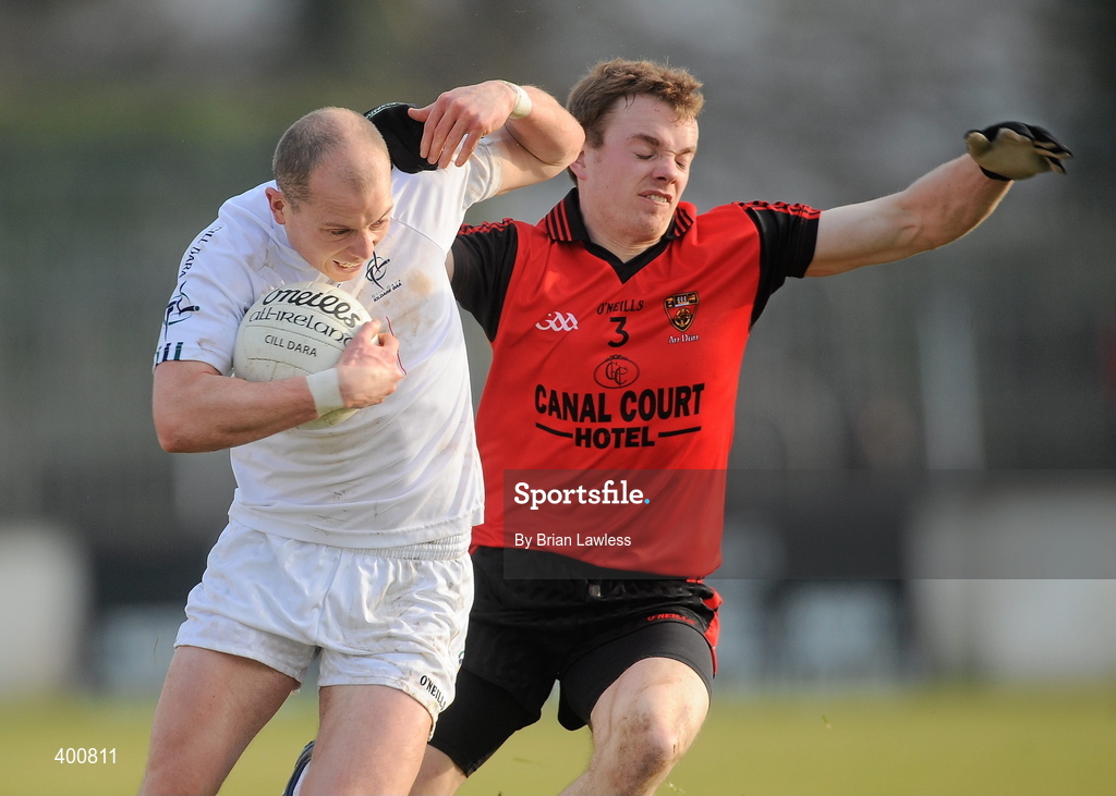 7 February 2010; James Kavanagh, Kildare, in action against Brendan McArdle, Down. Allianz GAA Football National League, Division 2, Round 1, Kildare v Down. St Conleth's Park, Newbridge, Co. Kildare. Picture credit: Brian Lawless / SPORTSFILE