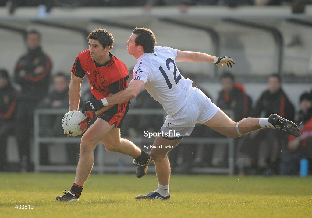 7 February 2010; James Colgan, Down, in action against Robert Kelly, Kildare. Allianz GAA Football National League, Division 2, Round 1, Kildare v Down. St Conleth's Park, Newbridge, Co. Kildare. Picture credit: Brian Lawless / SPORTSFILE