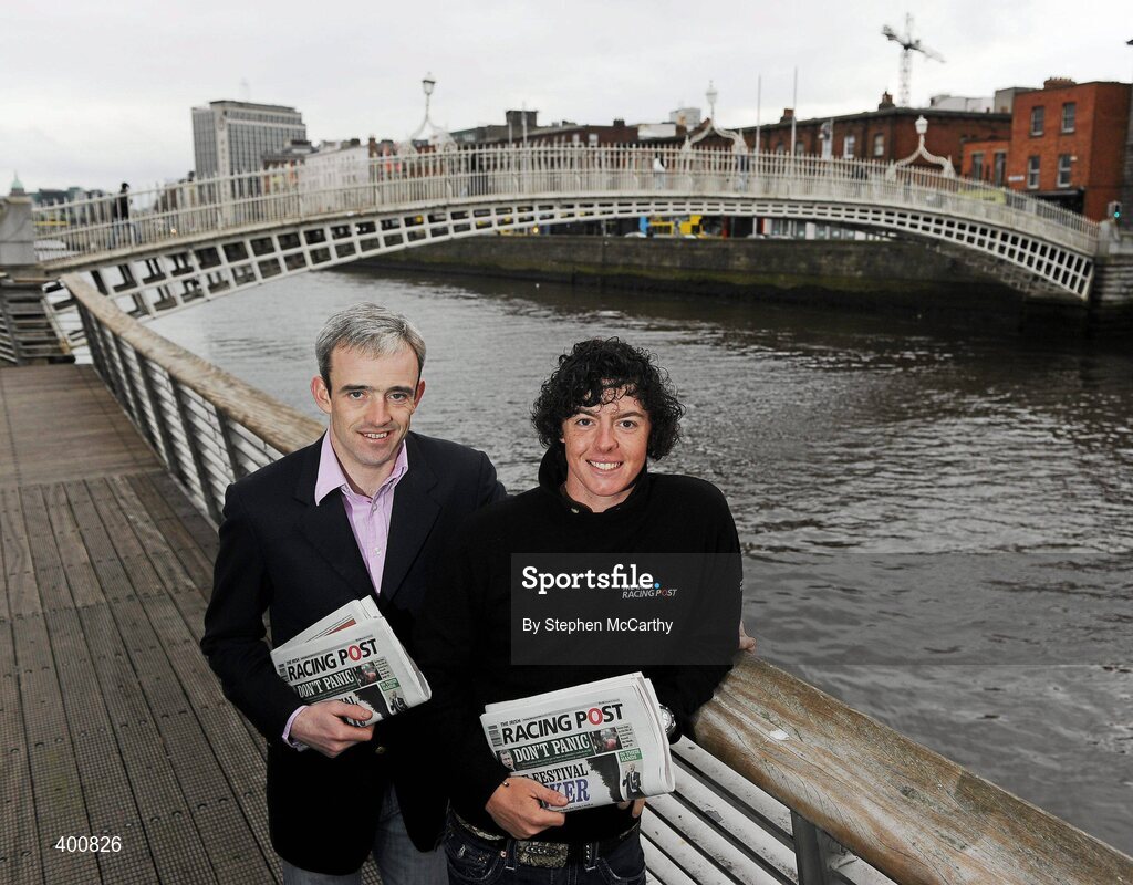 8 February 2010; Ireland has a new national daily newspaper with the launch of the The Irish Racing Post. It will combine the best of the UK edition of the Racing Post, long considered 'the bible' by racing and sports betting enthusiasts, with extensive additional content for Irish readers only. As well as unrivalled day-to-day coverage of horseracing, The Irish Racing Post will carry separate weekly supplements covering bloodstock, point-to-pointing and GAA. At the launch of the Irish Racing Post are golf's world number seven Rory McIlroy, right, and seven time Irish Champion Jump Jockey Ruby Walsh. The Irish Racing Post Launch, The Liffey Boardwalk, Dublin. Picture credit: Stephen McCarthy / SPORTSFILE