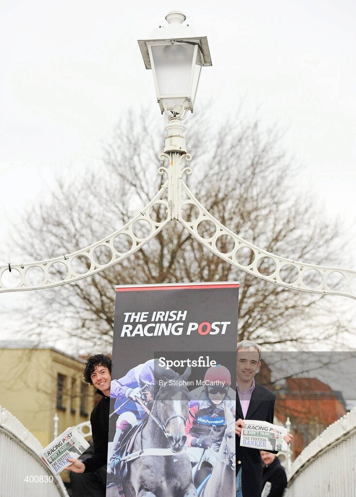 8 February 2010; Ireland has a new national daily newspaper with the launch of the The Irish Racing Post. It will combine the best of the UK edition of the Racing Post, long considered 'the bible' by racing and sports betting enthusiasts, with extensive additional content for Irish readers only. As well as unrivalled day-to-day coverage of horseracing, The Irish Racing Post will carry separate weekly supplements covering bloodstock, point-to-pointing and GAA. At the launch of the Irish Racing Post are golf's world number seven Rory McIlroy, left, and seven time Irish Champion Jump Jockey Ruby Walsh. The Irish Racing Post Launch, Ha'penny Bridge, Dublin. Picture credit: Stephen McCarthy / SPORTSFILE