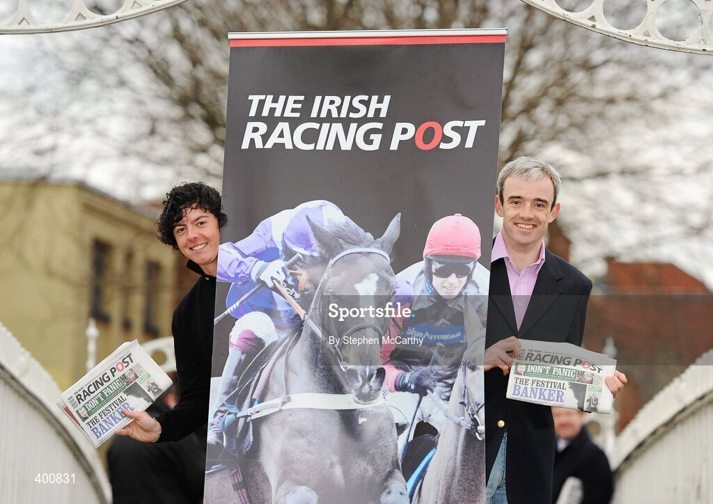 8 February 2010; Ireland has a new national daily newspaper with the launch of the The Irish Racing Post. It will combine the best of the UK edition of the Racing Post, long considered 'the bible' by racing and sports betting enthusiasts, with extensive additional content for Irish readers only. As well as unrivalled day-to-day coverage of horseracing, The Irish Racing Post will carry separate weekly supplements covering bloodstock, point-to-pointing and GAA. At the launch of the Irish Racing Post are golf's world number seven Rory McIlroy, left, and seven time Irish Champion Jump Jockey Ruby Walsh. The Irish Racing Post Launch, Ha'penny Bridge, Dublin. Picture credit: Stephen McCarthy / SPORTSFILE