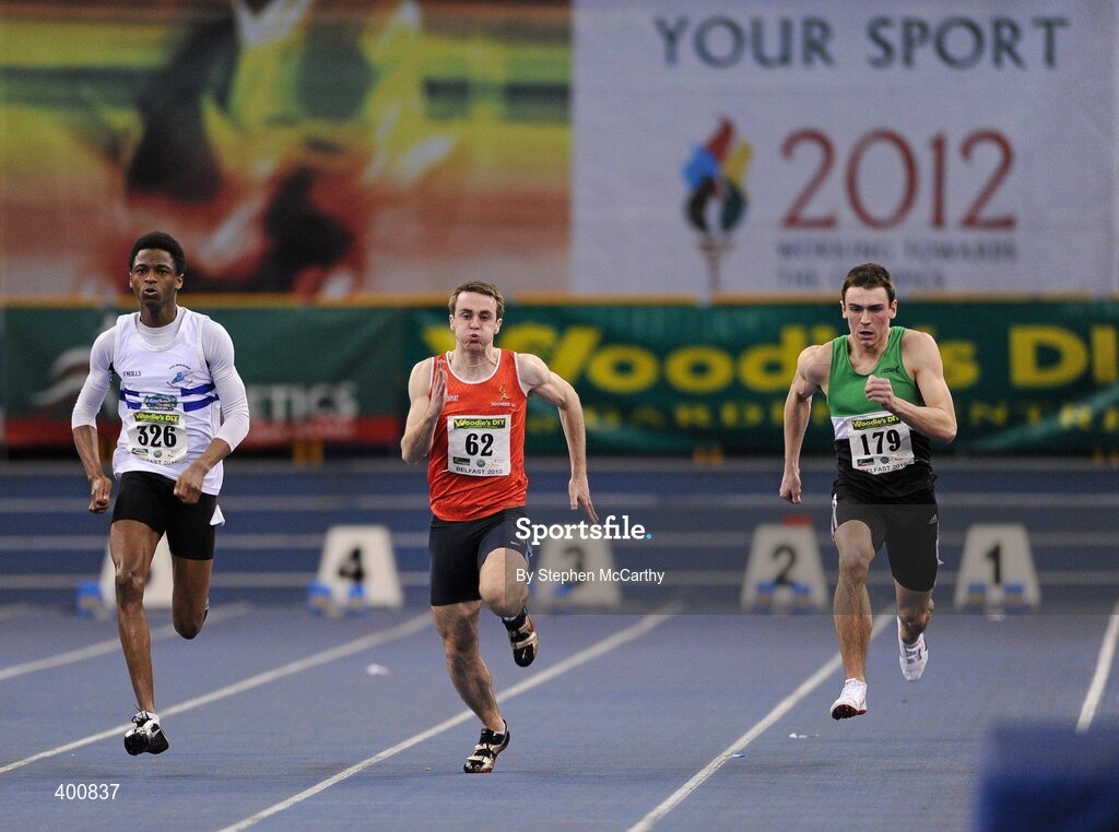 6 February 2010; Athletes, from left, Seye Ogunlewe, Celbridge A.C., David O'Shea, Dooneen A.C., and John Houston, Ballymena & Antrim A.C., during their Semi-Final of the Senior Men's 60m at the second day of the Woodie’s DIY Senior Indoor Championships. Odyssey Arena, Belfast, Co. Antrim. Picture credit: Stephen McCarthy / SPORTSFILE